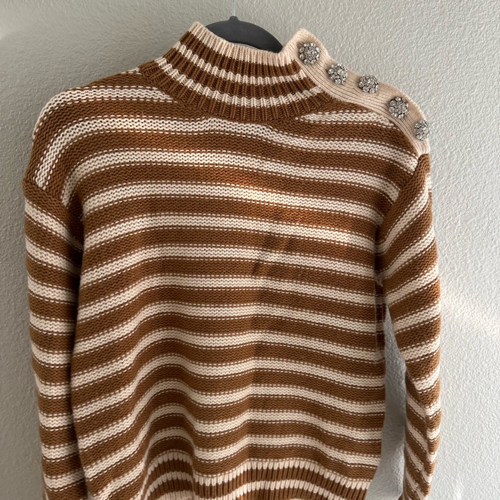 J Crew - cream and brown bejeweled crewneck sweater
